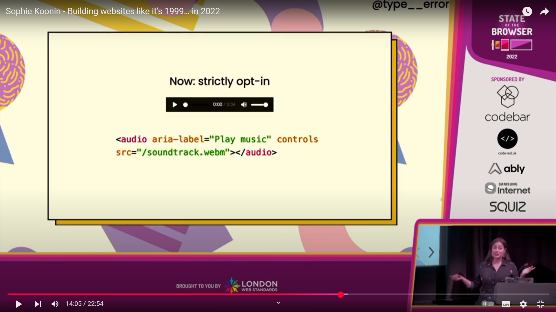 Screenshot from Sophie's talk - showing 'Now: strictly opt-in', an image of music controls, and the code <audio aria-label='Play music' controls src='/soundtrack.webm'></audio>