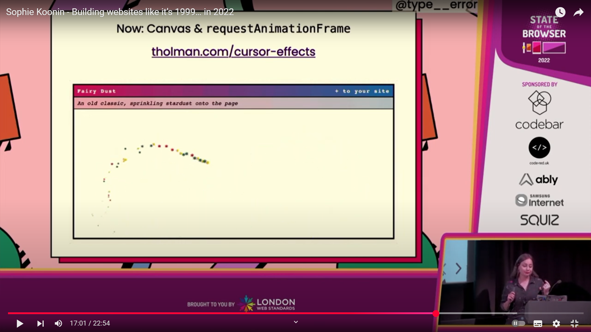 Screenshot from Sophie's talk - 'Now: Canvas & requestAnimationFrame' with the url tholman.com/cursor-effects and a demonstration of a fairy dust trail being left behind a cursor